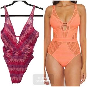 Becca Plunge Crochet Eyelet Pink One Piece Swimsuit.Size M